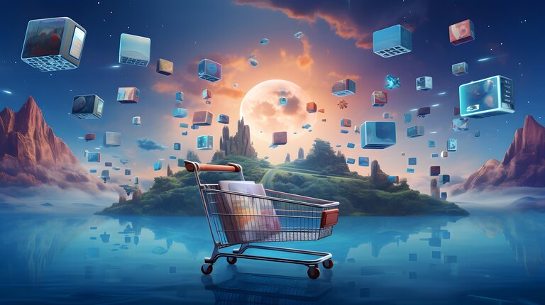 Eine künstlerische Darstellung von E-Commerce und Online-Shopping, die eine konzeptionelle Interpretation der digitalen Welt zeigt. Das Bild zeigt eine surreale Landschaft mit schwebenden Einkaufswagen, die die virtuelle Natur des Online-Shoppings darstellen.