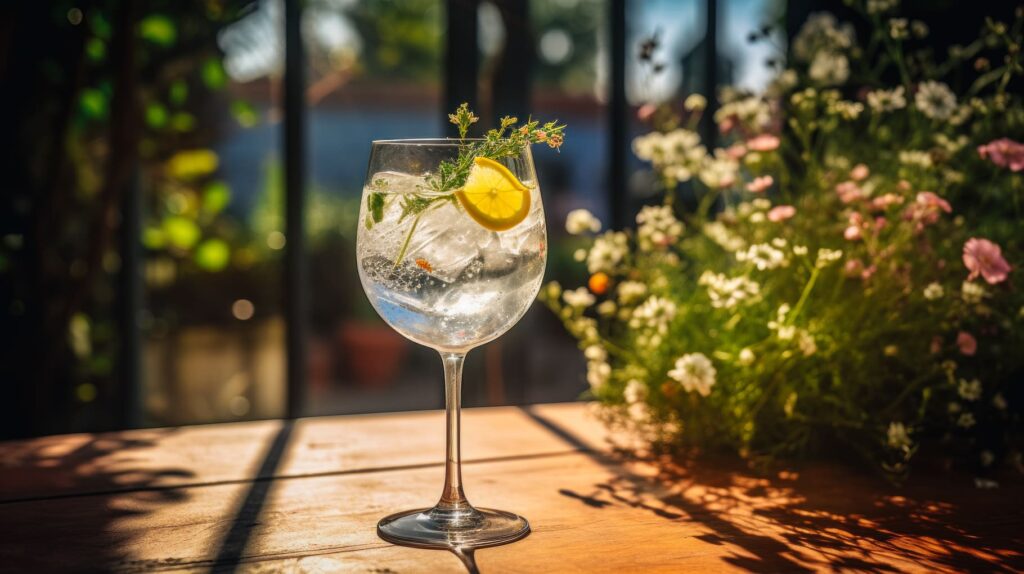 Glas Gin Tonic mit Zitronenscheibe und Kräutern, serviert auf einem Holztisch im Garten, umgeben von blühenden Pflanzen.