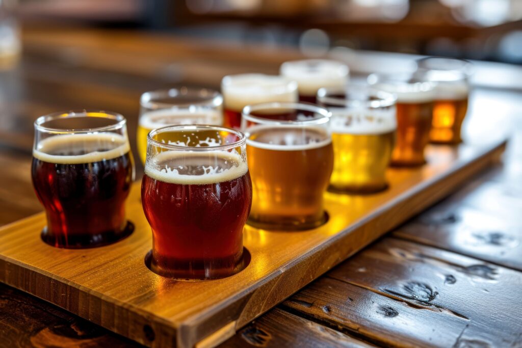 Eine Holzplatte mit einer Auswahl verschiedener amerikanischer Biere in kleinen Verkostungsgläsern, die von dunkel bis hell reichen, auf einem rustikalen Holztisch.