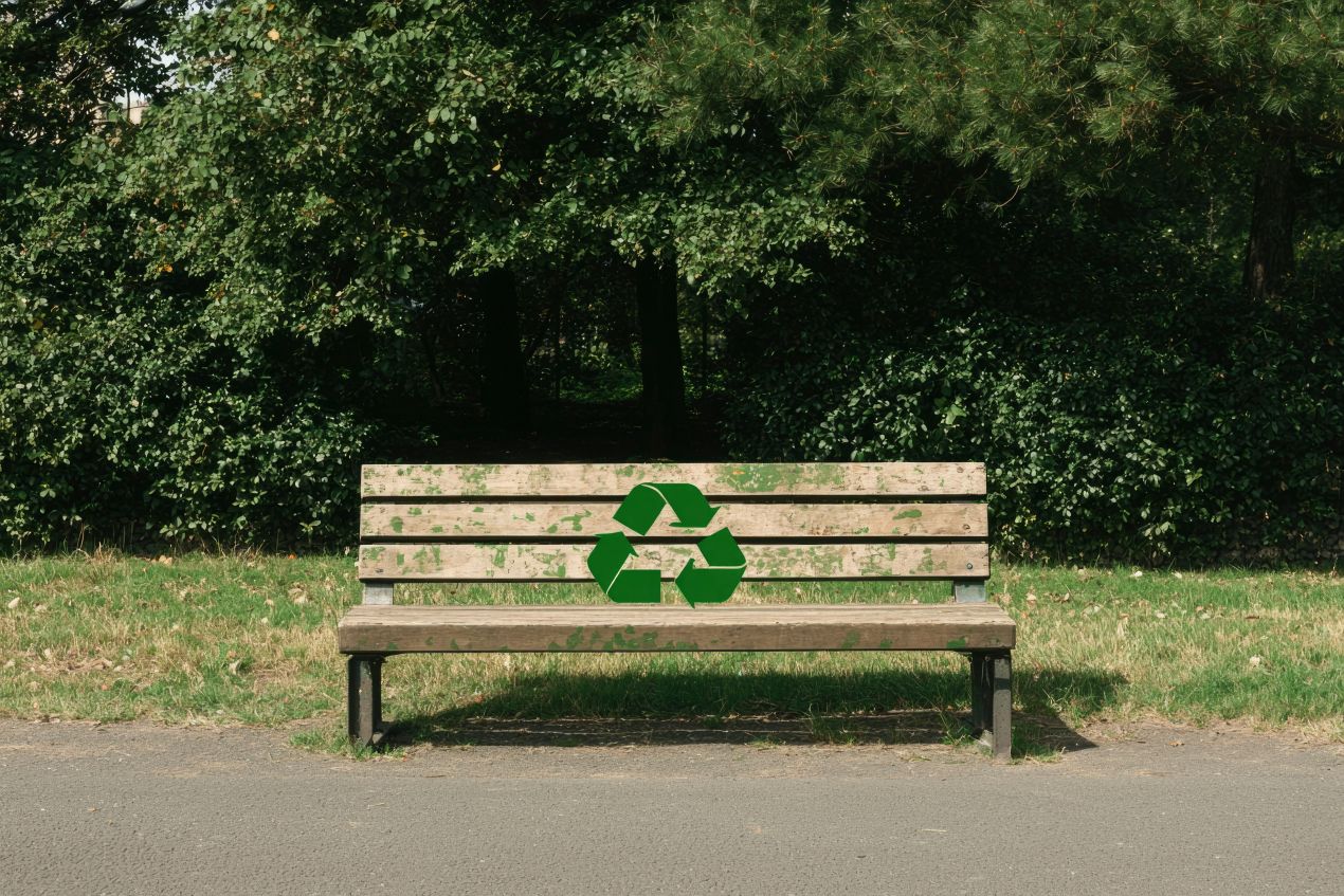 Parkbank aus Holz mit Recycling-Symbol vor dichtem Gruen in einem oeffentlichen Park