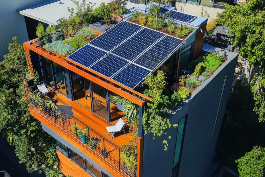 Begrüntes Stadthaus mit Solarpanelen und Mooswände