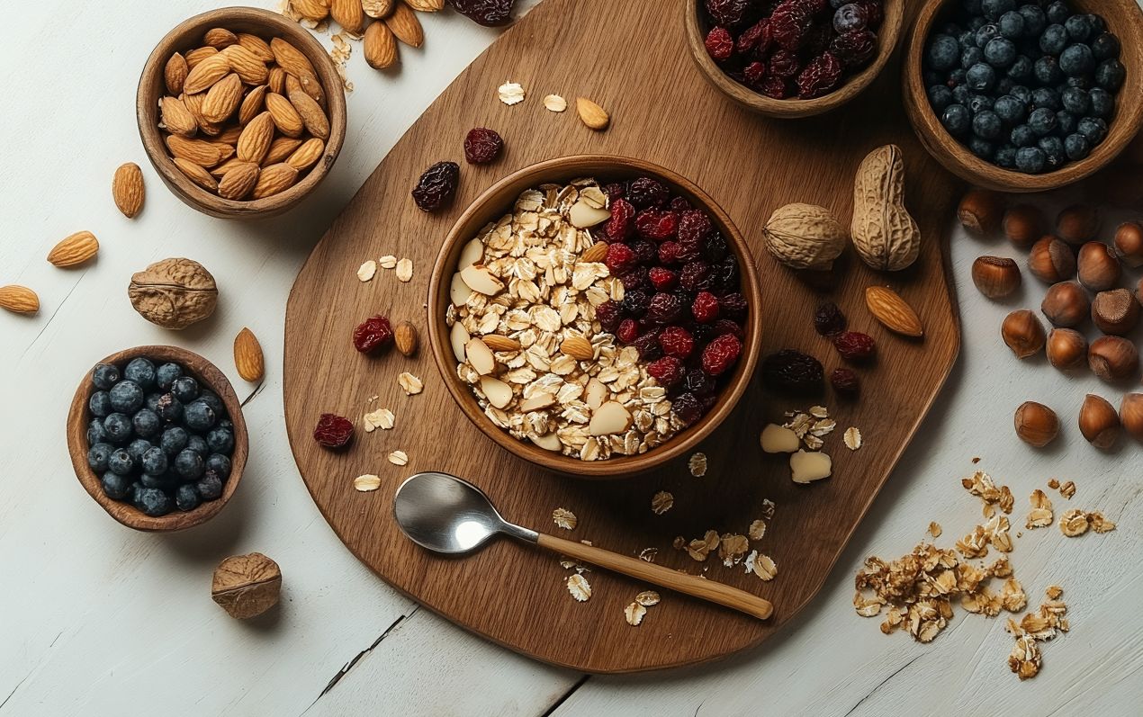 Fruehstueck mit Haferflocken, Nuesse und Beeren als gesunde Basis fuer mehr Energie mit Curcuma Kapseln