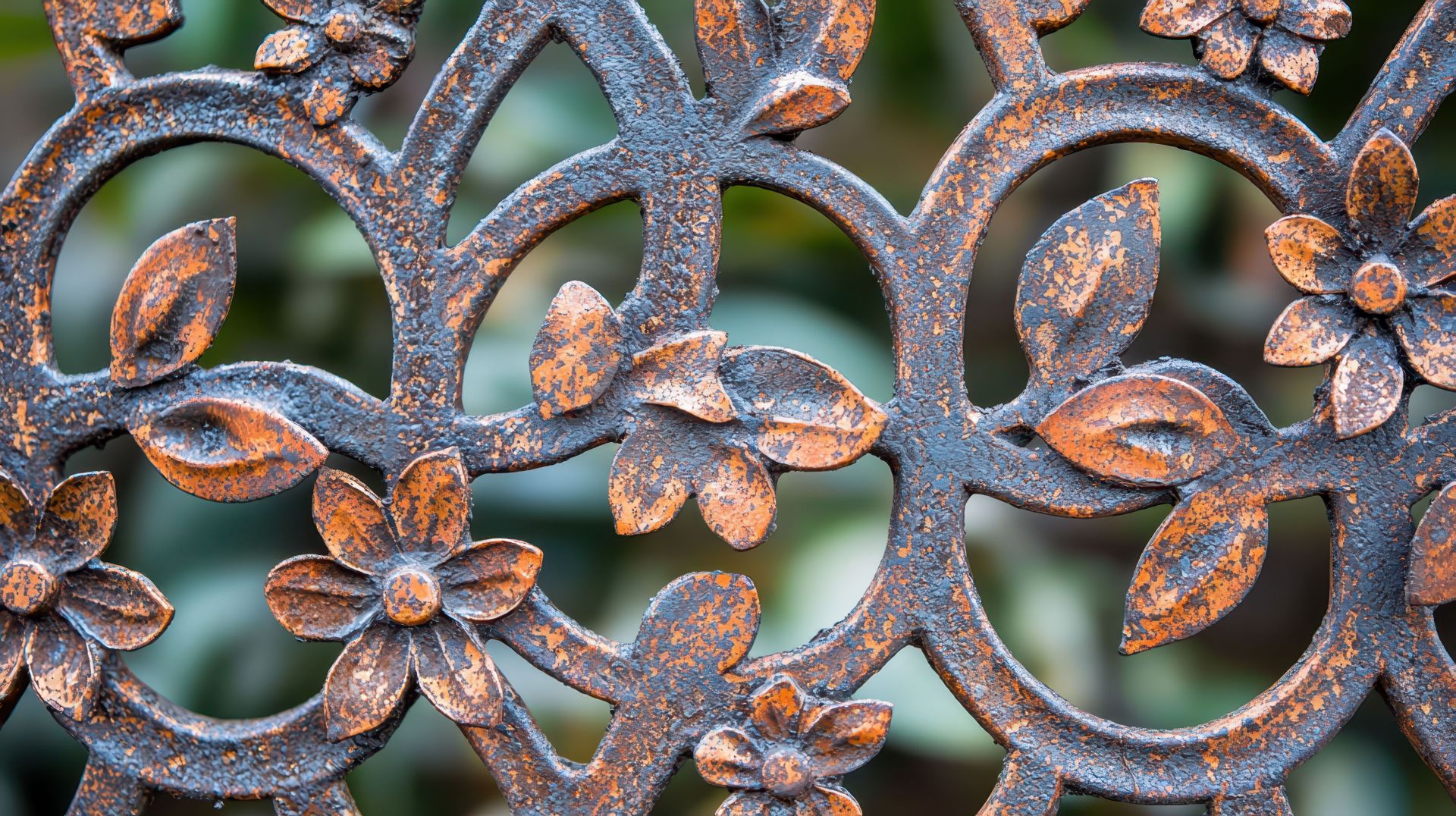 Verziertes Metallornament mit Edelrost im Garten