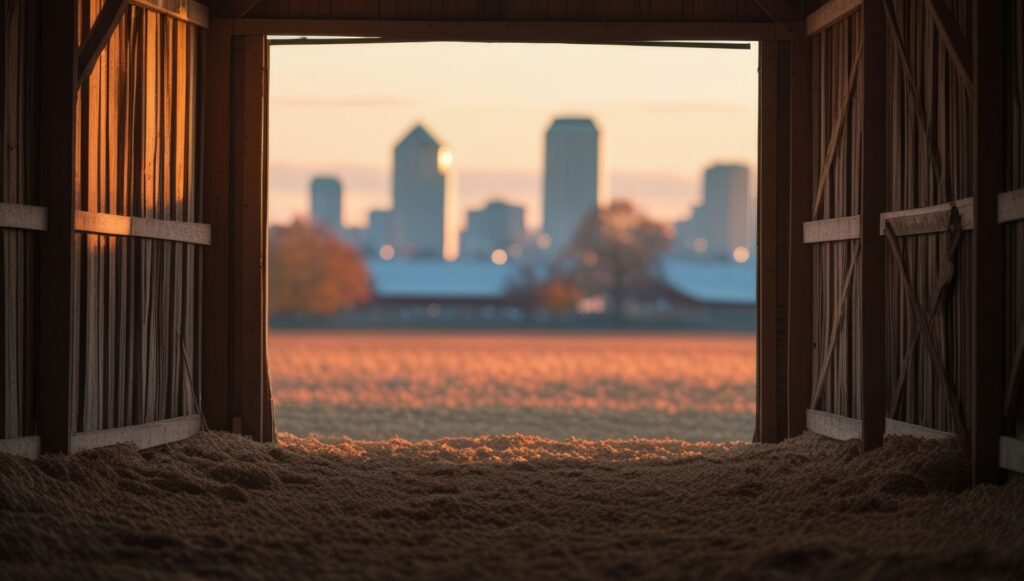 Innenansicht eines offenen Stalls mit Blick auf eine entfernte Stadt bei Sonnenaufgang – ruhige ländliche Szene mit urbanem Kontrast