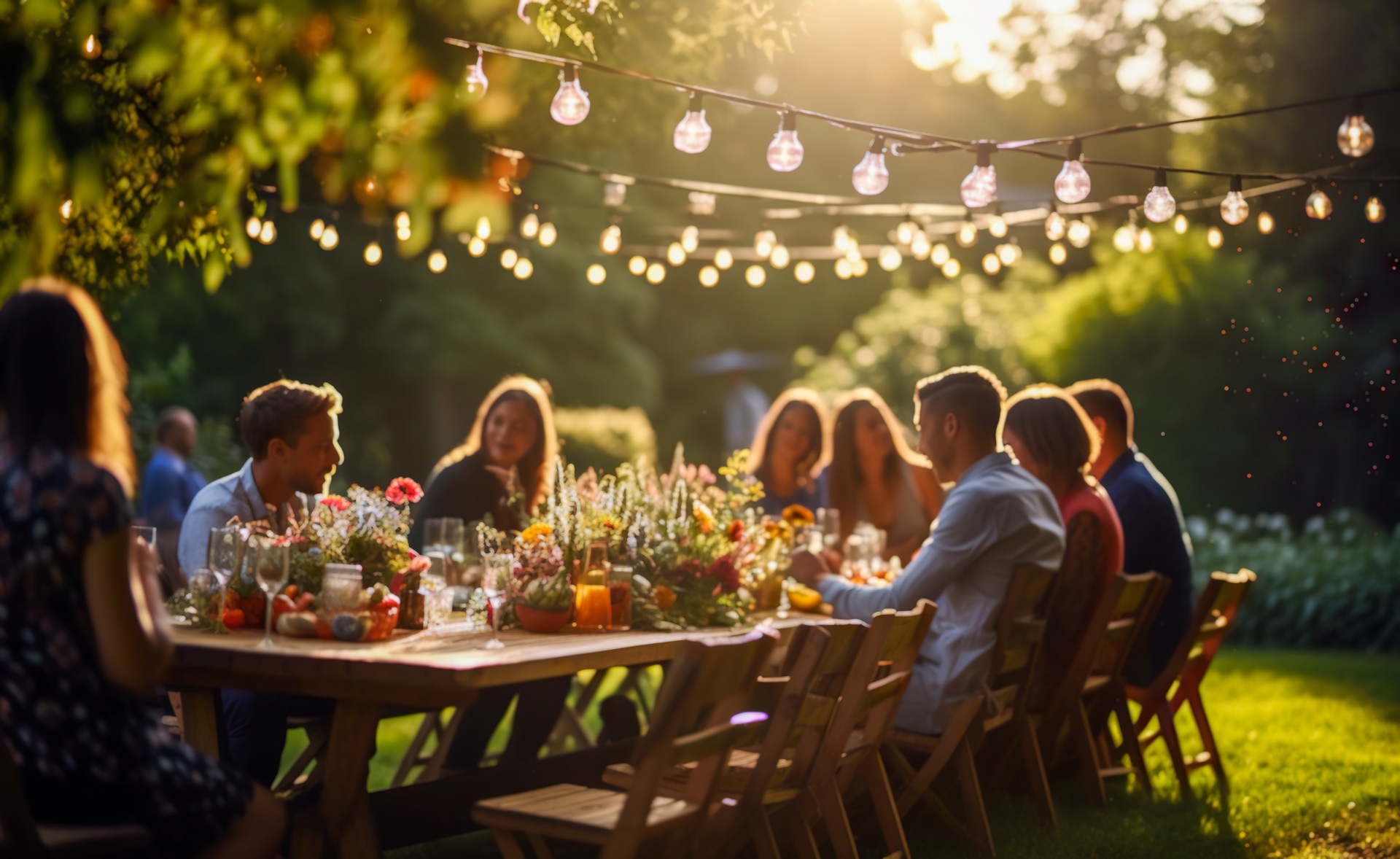 Sommerfest im Garten mit Gästen | Bierbankgarnitur