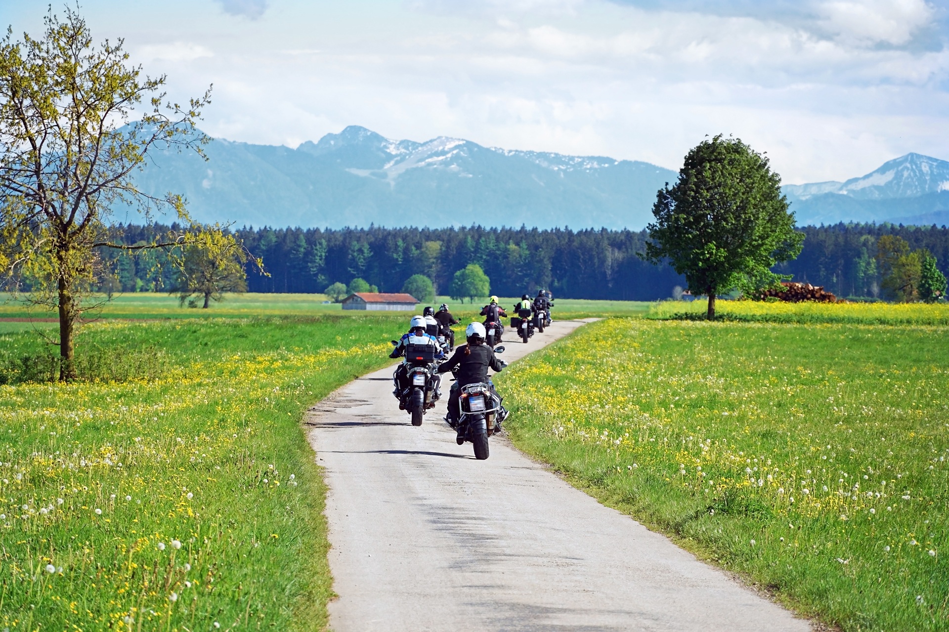 Motorradgruppe auf Landstrasse mit Bergen im Hintergrund | Satteltaschen