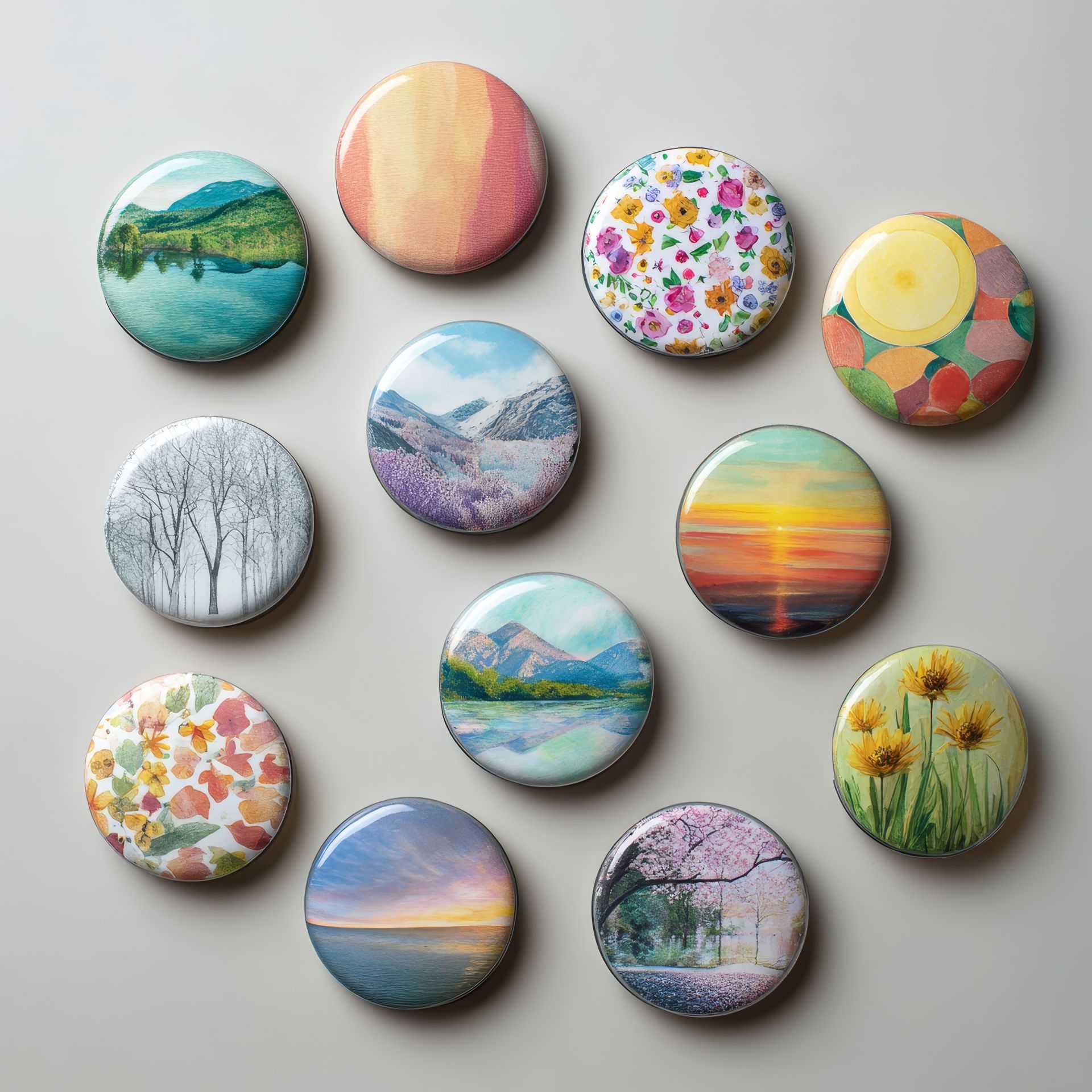 Bunte Design-Buttons mit Naturmotiven und Illustrationen – kreative Ergebnisse aus der Buttonproduktion in unterschiedlichen Stilrichtungen.
